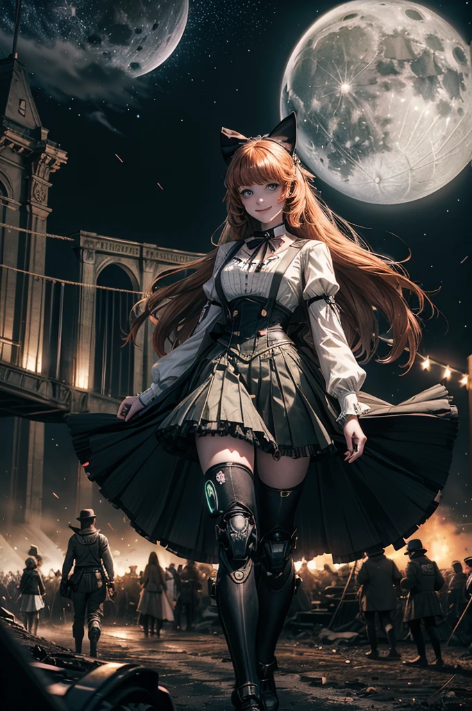 smile, Penny Polendina, long hair, neck ribbon, suspender skirt, corset, black bow, white blouse, mechanical legs, neon trim, outdoors, dynamic pose, night, stars, moon, walking with crowd on old suspension bridge, river, wrecked vehicle, post-apocalypse, dystopian future, crowd, (crowd in military uniforms), bonfires,