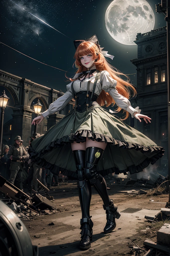  smile, Penny Polendina, long hair, neck ribbon, suspender skirt, corset, black bow, white blouse, mechanical legs, neon trim, outdoors, dynamic pose, night, stars, moon, walking with crowd on old suspension bridge, river, wrecked vehicle, post-apocalypse, dystopian future, crowd, (crowd in military uniforms), bonfires, 
