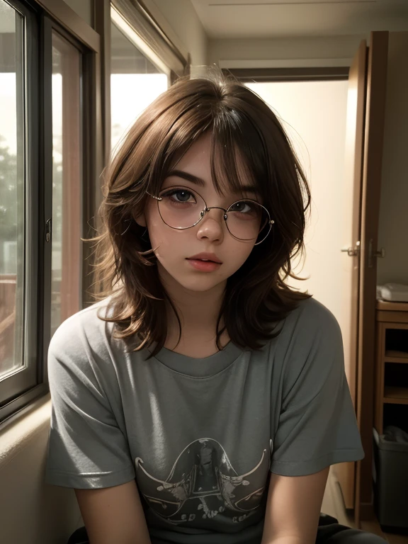 photo portrait of a young chubby brown-eyed Russian girl wearing glasses with lenses, corneal reflections, beautiful proportional small wide nose, Plump lips, closed mouth, squinted brown eyes, Detailed human skin texture, fuzz on the skin, Fluffy hair, 80s punk rock brown tousled hair, stretched gray sleepy t-shirt, without cosmetics or make-up, peering into the horizon, in room, a dark room, depth of field, backlight