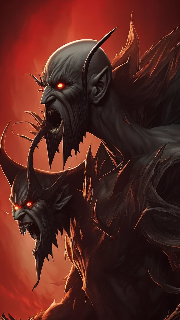 Monster with long arms and legs with sharp teeth and large pointed ears, bald with a few strands of hair. Red eyes and deformed face 