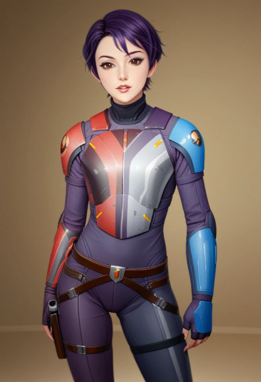 score_9_up, score_8_up, score_7_up, 1girl, solo, mature female, ((Sabin Wren)), purple short  hair, pixie haircut, brown eyes, pink lips, parted lips, fit slim body, (((Sabin’s armored suit, brown belt with holster))), (((dark grey Starship room, space in the porthole, detailed furniture, highly detailed interior, blue led backlight))), perfect model body, seductive pose