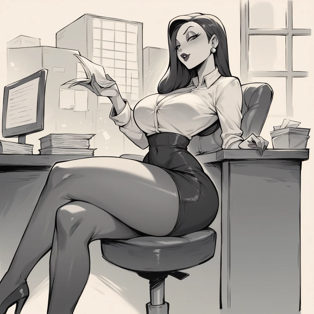 Jessica Rabbit is waiting sitting outside an office, she is coming for a job interview, she has big tits and a big ass, she is dressed formally