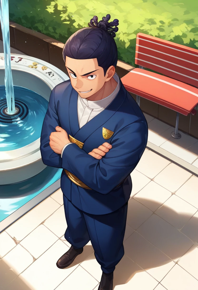 punctuation_9, punctuation_8_High above, punctuation_7_High above, fountain_アニメ, standing alone, male focus, 1 young boy, all aoi, muscular, cicatriz, pretentious smile, gazing at viewer, crossed arms, black priest clothes, identification tags 