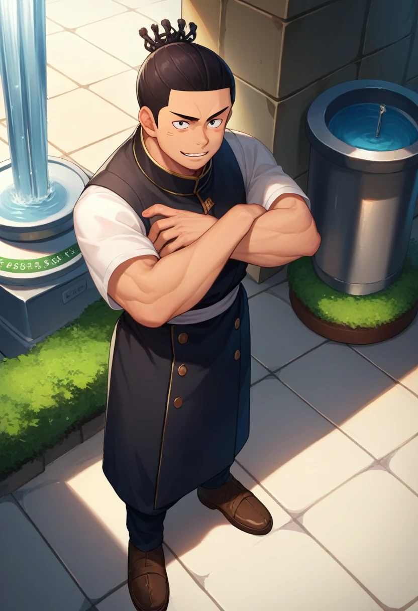 punctuation_9, punctuation_8_High above, punctuation_7_High above, fountain_アニメ, standing alone, male focus, 1 young boy, all aoi, muscular, cicatriz, pretentious smile, gazing at viewer, crossed arms, black priest clothes, identification tags 