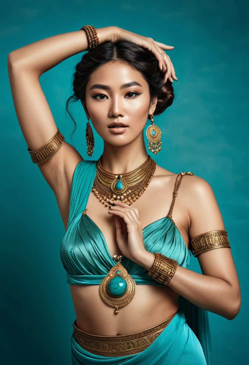 (A half-asian, asian-european, woman in the style of a greek goddess. bronze skin. Aphrodite, goddess, divine aura) (teal and bronze colours) (high contrast background) (wearing ancient jewellery on upper arms, neck, wrists, fingers) (polaroid camera) (RAW photo, nikon, 8k, Super detailed, advanced details, intricate details, Super detailed) (award-winning photo, masterpiece) (on a deserted Mediterranean beach)  (((showing her pert ass))) ((shot from behind)) ((pussy from behind))