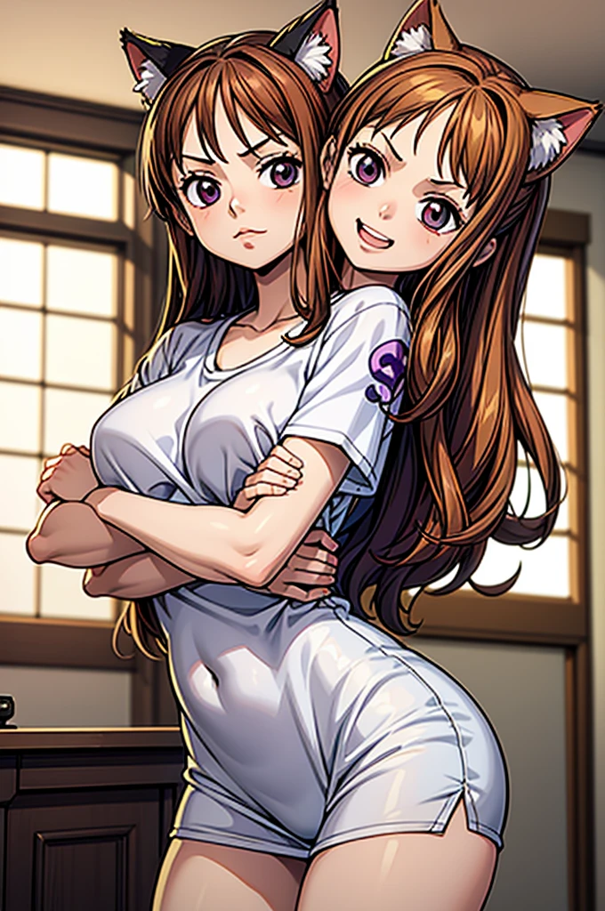 1 female, ONE PIECE STYLE, small kid dog girl, realistic lips oversized white t-shirt going all the way to the thighs, arms crossed propping up breast, hourglass figure, cat ears, in an apartment, sigh, light brown hair, purple eyes, laughing, best quality.