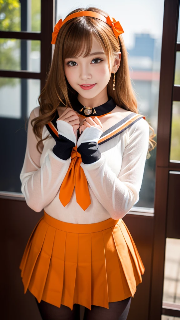 best quality、ultra-detailed、8K、Japanese、Japanese、Seductive beauty、seductive adult woman、Pretty Woman、cool girl、smirk、Wicked Smile、masterpiece、best quality、highres、1girl、独奏、slender、looking at viewer, standing、1、Sailor Warriors uniform、Orange skirt、pleated skirt、Miniskirt、orange sailor collar、elbow gloves、black gloves、tiara、hair bow,、red bow、choker、orange choker、white leotard、blonde hair、very long hair、jewelry、earrings, (incoming gift, box:1.2), grin, blush、classroom、blonde hair、Brown hair、wavy hair、swept bangs、piercing eyes、skin color pantyhose,night、inside darkroom、hand hold pantyhose、Are standing、shoot from below、Offer、shoot from below、Swear allegiance、I have pledged my allegiance、