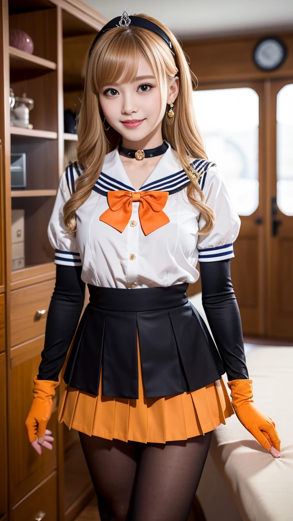 best quality、ultra-detailed、8K、Japanese、Japanese、Seductive beauty、seductive adult woman、Pretty Woman、cool girl、smirk、Wicked Smile、masterpiece、best quality、highres、1girl、独奏、slender、looking at viewer, standing、1、Sailor Warriors uniform、Orange skirt、pleated skirt、Miniskirt、orange sailor collar、elbow gloves、black gloves、tiara、hair bow,、red bow、choker、orange choker、white leotard、blonde hair、very long hair、jewelry、earrings, (incoming gift, box:1.2), grin, blush、classroom、blonde hair、Brown hair、wavy hair、swept bangs、piercing eyes、skin color pantyhose,night、inside darkroom、hand hold pantyhose、Are standing、shoot from below、Offer、shoot from below、Swear allegiance、I have pledged my allegiance、