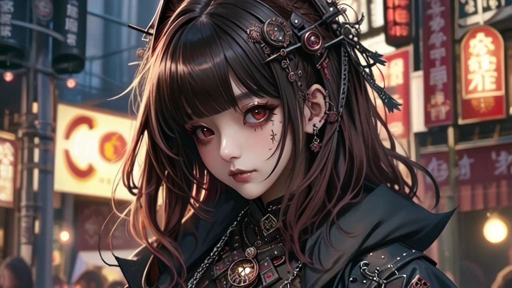 maximum quality、8K、Masterpiece artwork:16.9、gothic punk、red internal color、A brunette、hair ornaments、a beautiful girl、creative、dark fantasy style、Gothic Neogooda:16.9, a sexy girl made up sexual showing all her sexuality, steampunk style