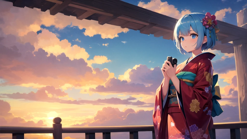 photograph, masterpiece, Highest quality, wallpaper, One girl, short hair, Sky blue hair, Sky blue eyes, hair accessory, kimono,