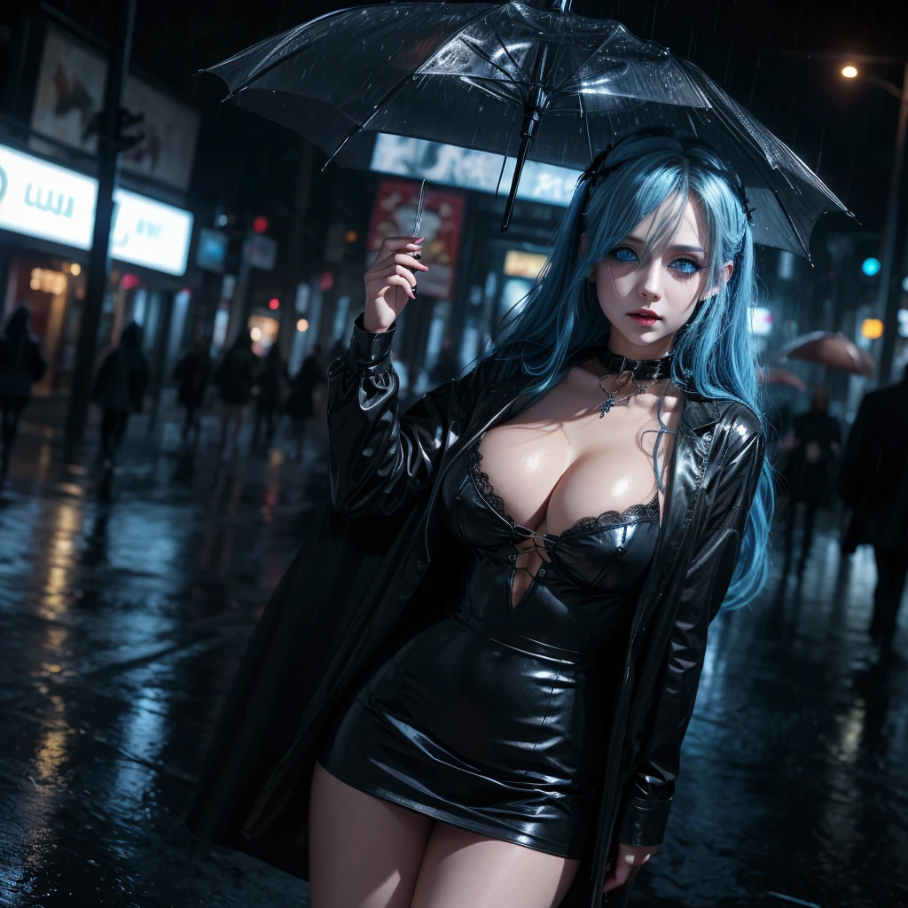 A beautiful girl with gorgeous blue eyes glowing with magic, gothic makeup, large breasts, open clothing, white shirt, black miniskirt, in the rain, wet clothing, on a night street