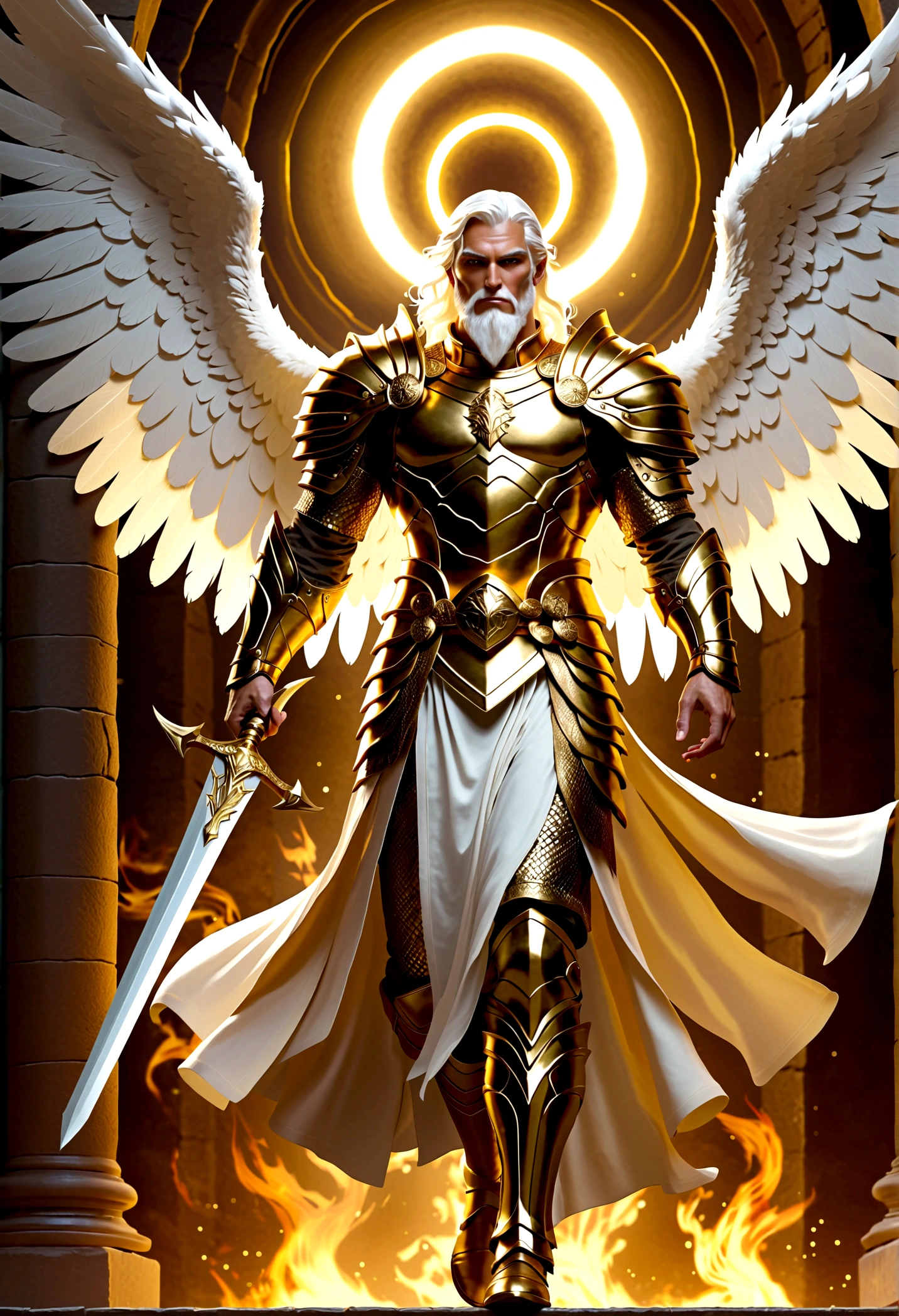 Dnd god, Dungeons and dragons, god, Create an illustration of Gabronielus, an angel descended from the Light and serving Anu. He resides in the Seven Heavens, upholding the principles of honesty, justice, and order. Gabronielus protects honest people and punishes evil, using the power of light to vanquish his enemies and defend goodness. He is depicted as tall, with white wings and golden armor. His face is radiant, and his eyes are bright. His voice carries divine authority and wisdom. ((A god for dnd game))