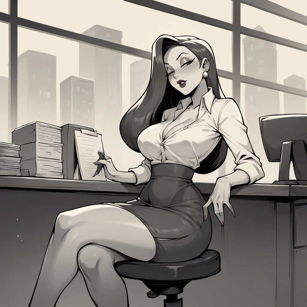 Jessica Rabbit is waiting sitting outside an office, she is coming for a job interview, she has big tits and a big ass, she is dressed formally