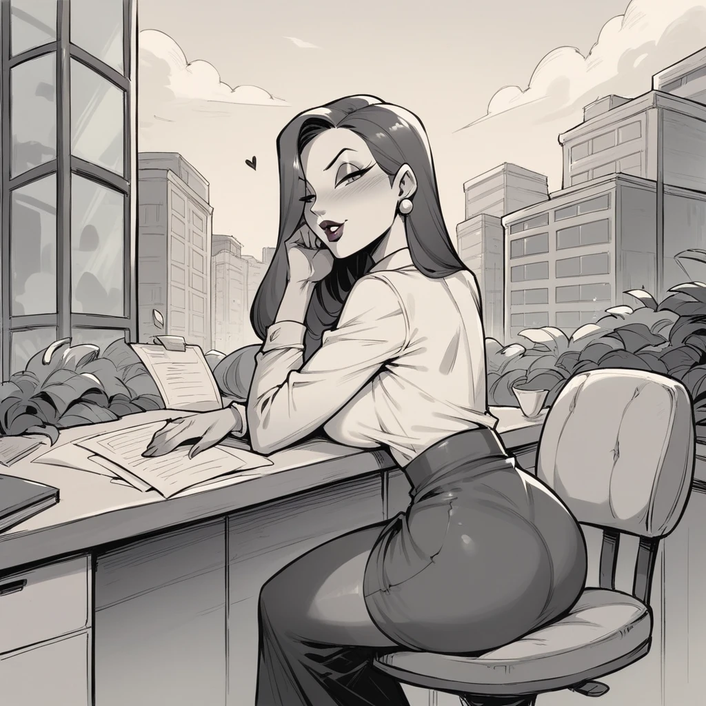 Jessica Rabbit is waiting sitting outside an office, she is coming for a job interview, she has big tits and a big ass, she is dressed formally