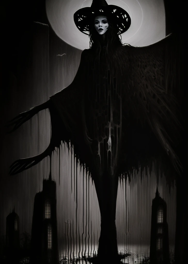 A mesmerizing dark fantasy oil illustration captures the essence of a beautiful punk witch with disheveled hair full of tendrils. Her large, expressive eyes peer out from beneath a dark, intricately designed hat. She wears an exquisite outfit adorned with unique textures and details, reflecting her mystical nature. A cute, fuzzy black cat sits on her shoulder, watching the world below. The witch is captured in a dynamic, full-body pose, standing amidst a vibrant, enchanting garden filled with various plants and shadows. The combination of light and shadow creates a captivating visual experience, highlighting the intricate details and the charm of this one-of-a-kind painting., dark fantasy, painting, vibrant