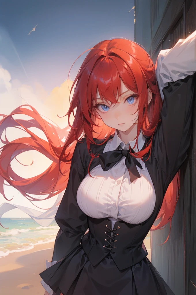 masterpiece, best quality, high quality, highres, outdoors, day, upper body, looking at viewer, solo, focused, BREAK, ANIME_DxD_Rias_Gremory_ownwaifu, 1girl, bangs, long hair, red hair, breasts, large breasts, rias gremory, blue eyes, hair between eyes, very long hair, collarbone, hair intakes, hair over breasts, black capelet, black corset, collared shirt, kuoh academy , layered skirt, underbust, , skirt, shirt, long sleeves, purple skirt, ribbon, miniskirt, neck ribbon, thighhighs, black ribbon,