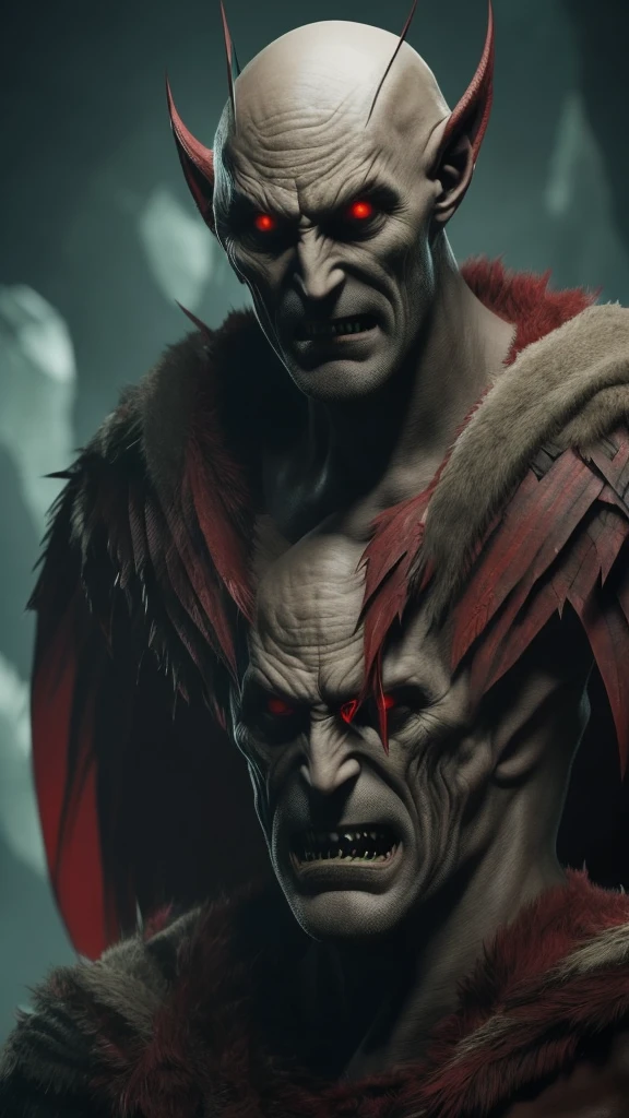 Monster with long arms and legs with sharp teeth and large pointed ears, bald with a few strands of hair. Red eyes and deformed face 