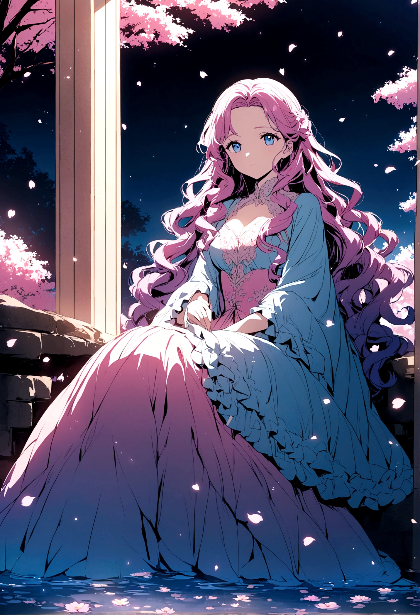 An extremely beautiful anime girl with purple wavy hair with pink tips and icy blue eyes wearing a detailed pink ballgown sitting under a cherry blossom with a pond below