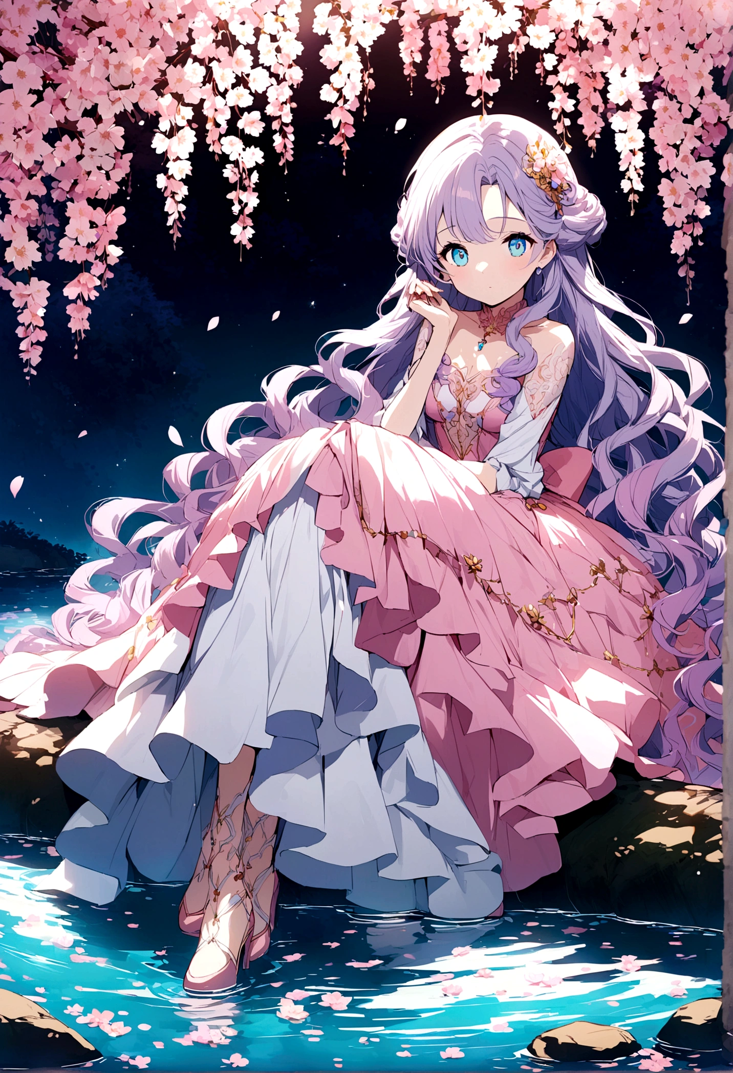 An extremely beautiful anime girl with purple wavy hair with pink tips and icy blue eyes wearing a detailed pink ballgown sitting under a cherry blossom with a pond below