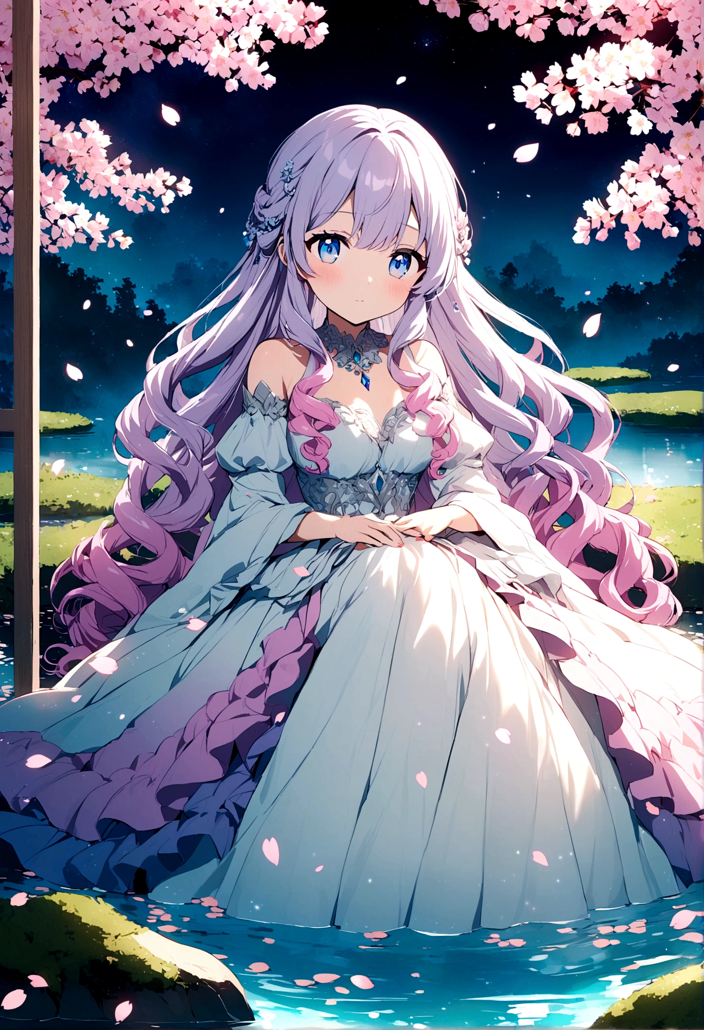 An extremely beautiful anime girl with purple wavy hair with pink tips and icy blue eyes wearing a detailed pink ballgown sitting under a cherry blossom with a pond below