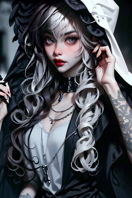 (masterpiece, best quality:1.2), ((detailed)), [graveyar:girl:0.9], 1girl, solo, beautiful, gothic, witch, gloomy, Asian woman, mature, black clothing, hooded black robe, modest clothing, hood up, goddess of death, blank expression, stoic expression, serious expression, split dye hair, multicolored hair, black and white hair, black dye on right side, white hair on left side, messy hair, bangs, black eyebrows, thick eyebrows, long eyelashes, grey eyes, dark circles under eyes, plump lips, red lipstick, red lips, no skin showing, skinny, pale skin, thin, sickly looking, looking at viewer, holding scythe, in graveyard, Wylona Hayashi, all black clothing, black hood, full body shot, cemetery background, standing, standing in a cemetery, holding scythe, windy, wind blowing, black long sleeves, black witch clothing, black religious clothing