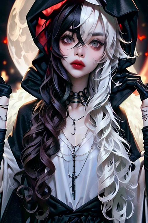 (masterpiece, best quality:1.2), ((detailed)), [graveyar:girl:0.9], 1girl, solo, beautiful, gothic, witch, gloomy, Asian woman, mature, black clothing, hooded black robe, modest clothing, hood up, goddess of death, blank expression, stoic expression, serious expression, split dye hair, multicolored hair, black and white hair, black dye on right side, white hair on left side, messy hair, bangs, black eyebrows, thick eyebrows, long eyelashes, grey eyes, dark circles under eyes, plump lips, red lipstick, red lips, no skin showing, skinny, pale skin, thin, sickly looking, looking at viewer, holding scythe, in graveyard, Wylona Hayashi, all black clothing, black hood, full body shot, cemetery background, standing, standing in a cemetery, holding scythe, windy, wind blowing, black long sleeves, black witch clothing, black religious clothing