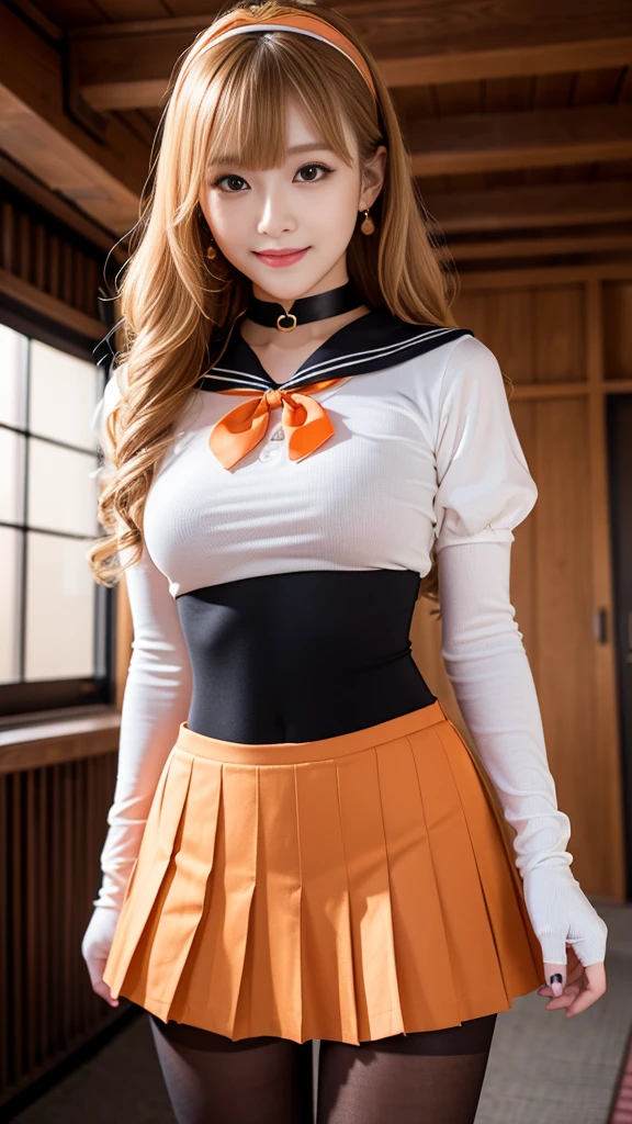 best quality、ultra-detailed、8K、Japanese、Japanese、Seductive beauty、seductive adult woman、Pretty Woman、cool girl、smirk、Wicked Smile、masterpiece、best quality、highres、1girl、独奏、slender、looking at viewer, standing、1、Sailor Warriors uniform、Orange skirt、pleated skirt、Miniskirt、orange sailor collar、elbow gloves、black gloves、tiara、hair bow,、red bow、choker、orange choker、white leotard、blonde hair、very long hair、jewelry、earrings, (incoming gift, box:1.2), grin, blush、classroom、blonde hair、Brown hair、wavy hair、swept bangs、piercing eyes、skin color pantyhose、night、inside darkroom、hand hold pantyhose、Are standing、shoot from below、Offer、shoot from below、Swear allegiance、I have pledged my allegiance、