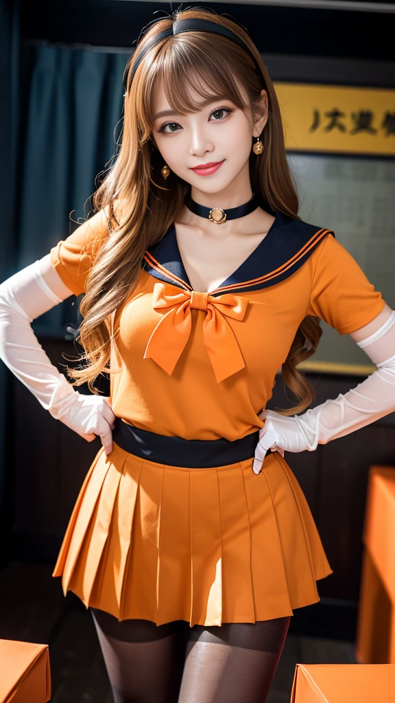 best quality、ultra-detailed、8K、Japanese、Japanese、Seductive beauty、seductive adult woman、Pretty Woman、cool girl、smirk、Wicked Smile、masterpiece、best quality、highres、1girl、独奏、slender、looking at viewer, standing、1、Sailor Warriors uniform、Orange skirt、pleated skirt、Miniskirt、orange sailor collar、elbow gloves、black gloves、tiara、hair bow,、red bow、choker、orange choker、white leotard、blonde hair、very long hair、jewelry、earrings, (incoming gift, box:1.2), grin, blush、classroom、blonde hair、Brown hair、wavy hair、swept bangs、piercing eyes、skin color pantyhose、night、inside darkroom、hand hold pantyhose、Are standing、shoot from below、Offer、shoot from below、Swear allegiance、I have pledged my allegiance、