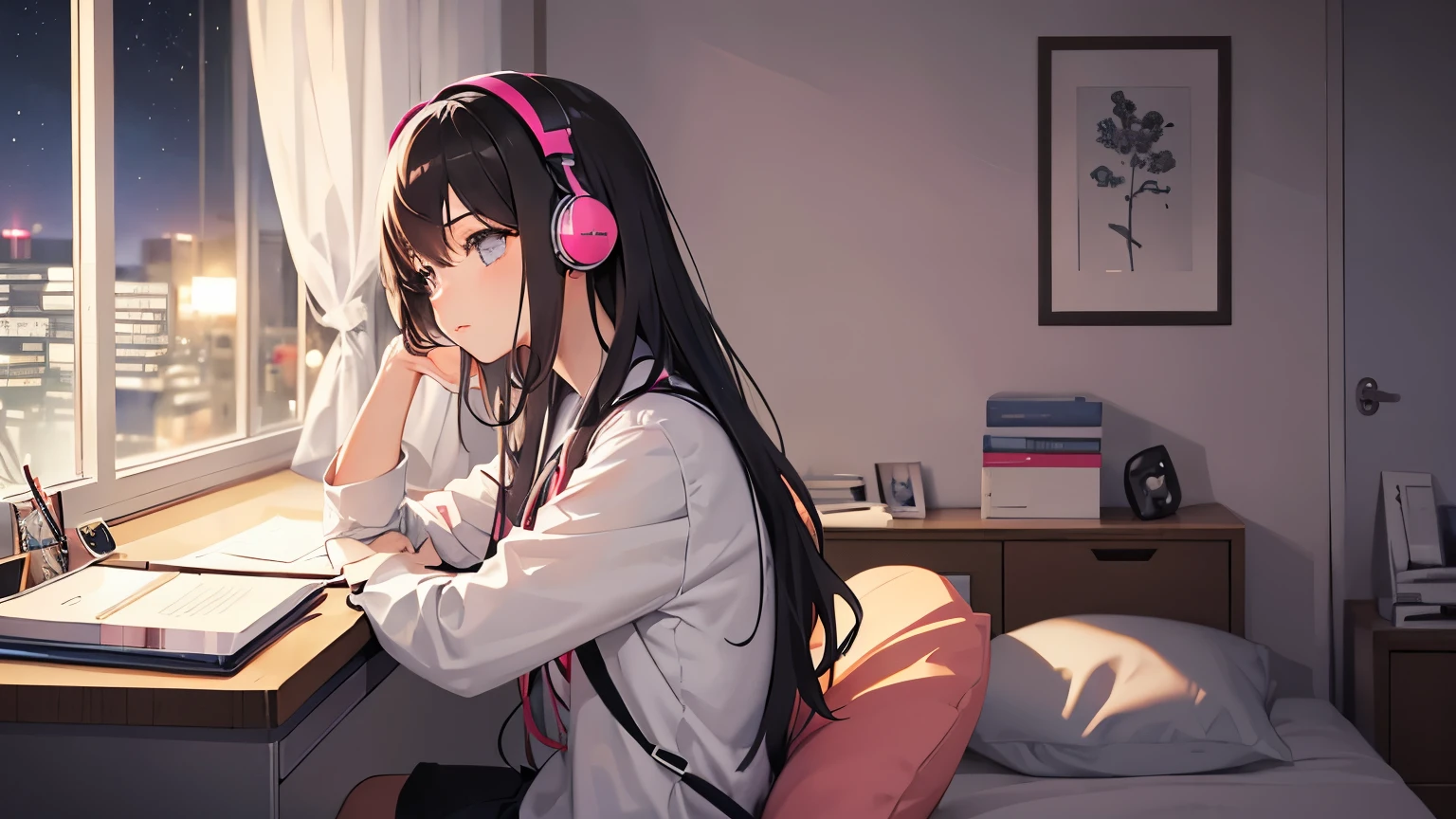 Beautiful girl studying while listening to music on headphones in her room at night