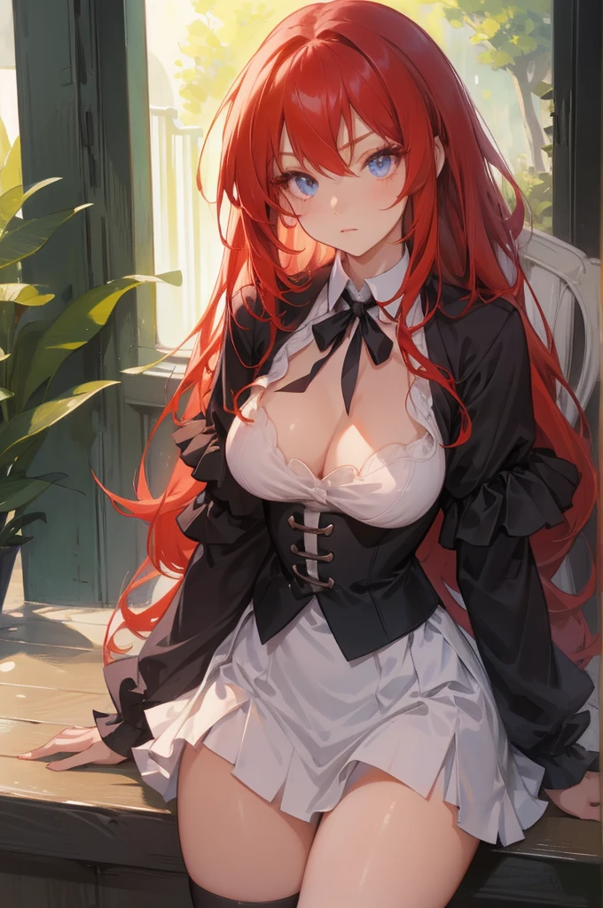 masterpiece, best quality, high quality, highres, outdoors, day, upper body, looking at viewer, solo, focused, BREAK, ANIME_DxD_Rias_Gremory_ownwaifu, 1girl, bangs, long hair, red hair, breasts, large breasts, rias gremory, blue eyes, hair between eyes, very long hair, collarbone, hair intakes, hair over breasts, black capelet, black corset, collared shirt, kuoh academy , layered skirt, underbust, , skirt, shirt, long sleeves, purple skirt, ribbon, miniskirt, neck ribbon, thighhighs, black ribbon, 'bright eyes