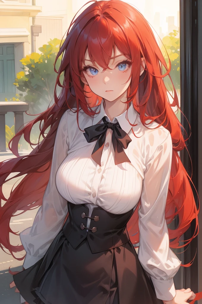 masterpiece, best quality, high quality, highres, outdoors, day, upper body, looking at viewer, solo, focused, BREAK, ANIME_DxD_Rias_Gremory_ownwaifu, 1girl, bangs, long hair, red hair, breasts, large breasts, rias gremory, blue eyes, hair between eyes, very long hair, collarbone, hair intakes, hair over breasts, black capelet, black corset, collared shirt, kuoh academy , layered skirt, underbust, , skirt, shirt, long sleeves, purple skirt, ribbon, miniskirt, neck ribbon, thighhighs, black ribbon, 'bright eyes
