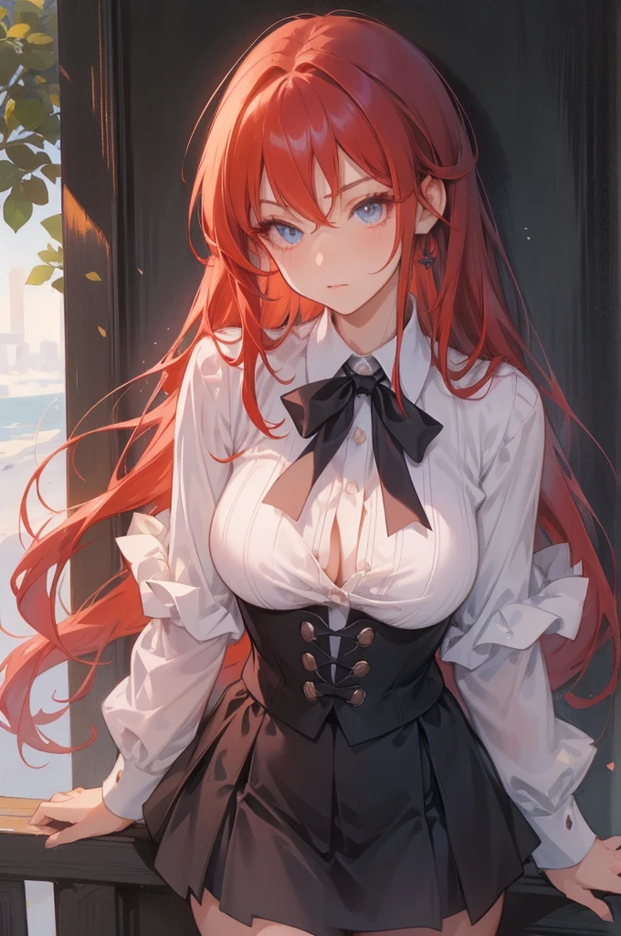 masterpiece, best quality, high quality, highres, outdoors, day, upper body, looking at viewer, solo, focused, BREAK, ANIME_DxD_Rias_Gremory_ownwaifu, 1girl, bangs, long hair, red hair, , large breastsgremory, blue eyes, hair between eyes, very long hair, collarbone, hair intakes, hair over breasts, blackt, black corset, collared shirt, kuoh academy , layered skirt, underbust, , skirt, shirt, long sleeves, purple skirt, ribbon, miniskirt, neck ribbon, thighhighs, black ribbon, 'bright eyes