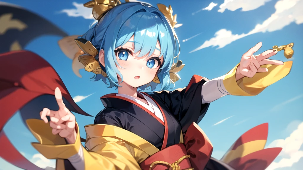 masterpiece, Highest quality, wallpaper, One girl, short hair, Sky blue hair, Sky blue eyes, hair accessory, kimono,