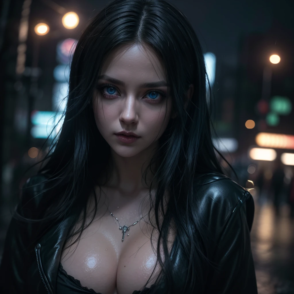 a beautiful girl with stunning blue eyes, glowing with magic, gothic makeup, large breasts, open clothing, white blouse, black miniskirt, rain, wet clothes, street, night, (best quality,4k,8k,highres,masterpiece:1.2),ultra-detailed,(realistic,photorealistic,photo-realistic:1.37),HDR,UHD,studio lighting,ultra-fine painting,sharp focus,physically-based rendering,extreme detail description,professional,vivid colors,bokeh,portrait,fantasy,dark,moody