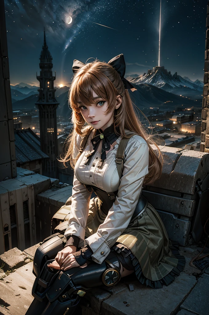 cowboy shot, (dynamic pose), smile,  underbust, Penny Polendina, long hair, neck ribbon, suspender skirt, corset, black bow, white blouse, mechanical legs, neon trim, sitting, ((people in city ruins on hill, overlooking valley)), BREAK night, stars, moon, snow, BREAK mountains in background, waterfall, vehicle wreck, ((people in military uniform)), bonfires, post-apocalypse, dystopian future, (volumetric lighting), intricate details, tonemapping, sharp focus, hyper detailed

