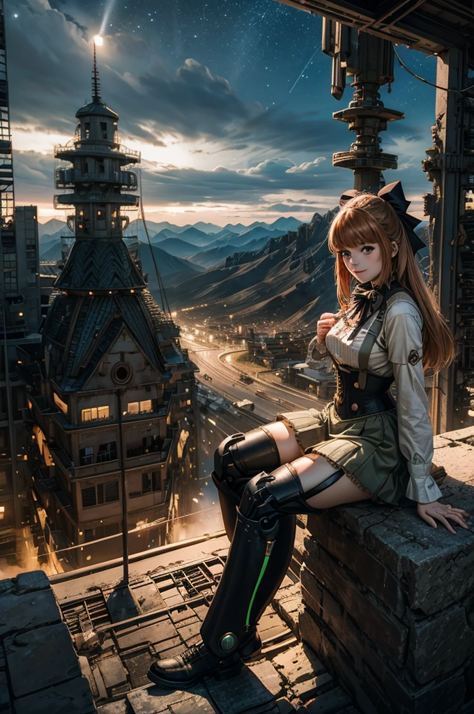 cowboy shot, (dynamic pose), smile,  underbust, Penny Polendina, long hair, neck ribbon, suspender skirt, corset, black bow, white blouse, mechanical legs, neon trim, sitting, ((people in city ruins on hill, overlooking valley)), BREAK night, stars, moon, snow, BREAK mountains in background, waterfall, vehicle wreck, ((people in military uniform)), bonfires, post-apocalypse, dystopian future, (volumetric lighting), intricate details, tonemapping, sharp focus, hyper detailed

