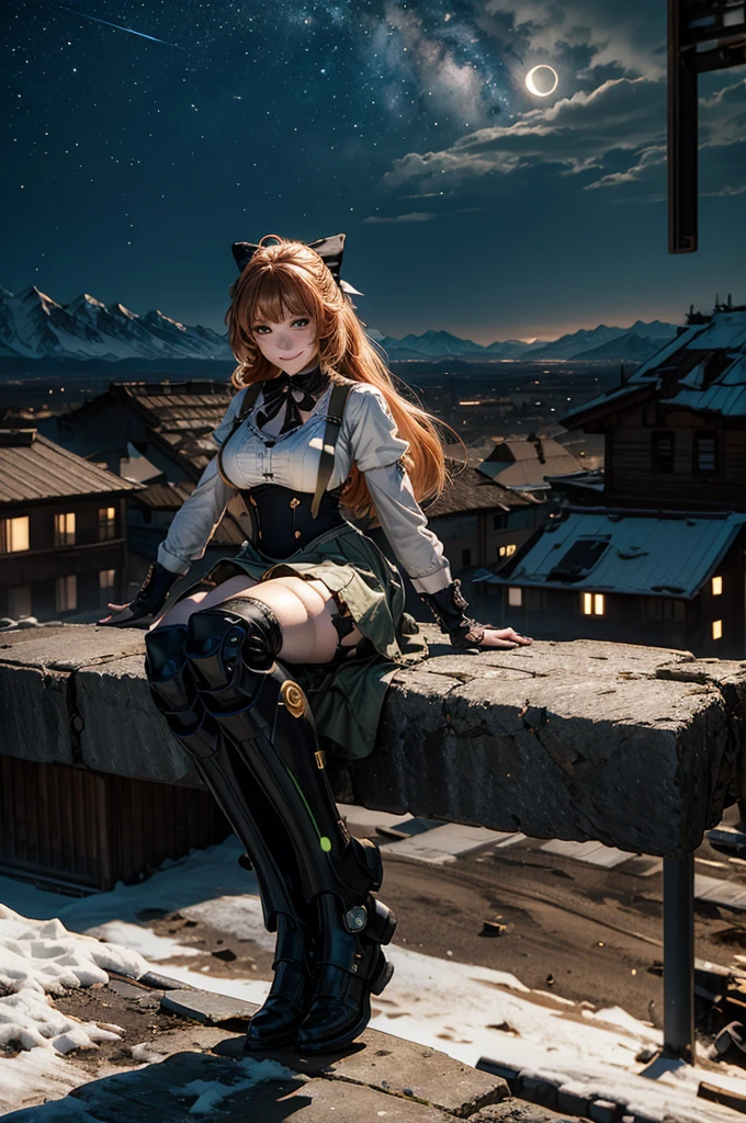 cowboy shot, (dynamic pose), smile,  underbust, Penny Polendina, long hair, neck ribbon, suspender skirt, corset, black bow, white blouse, mechanical legs, neon trim, sitting, ((people in city ruins on hill, overlooking valley)), BREAK night, stars, moon, snow, BREAK mountains in background, waterfall, vehicle wreck, ((people in military uniform)), bonfires, post-apocalypse, dystopian future, (volumetric lighting), intricate details, tonemapping, sharp focus, hyper detailed

