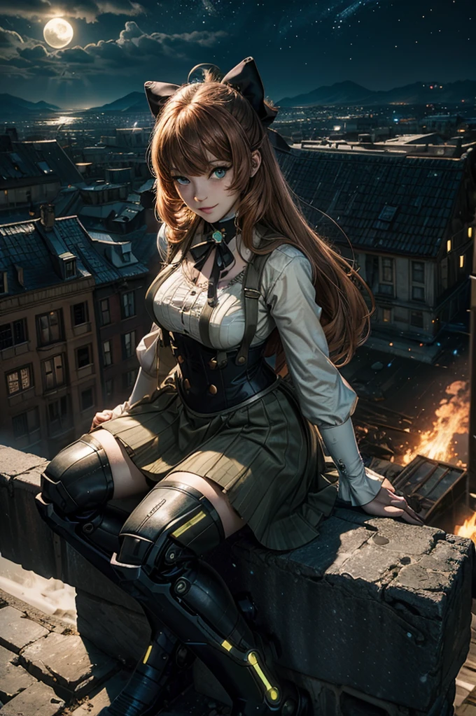 cowboy shot, (dynamic pose), smile,  underbust, Penny Polendina, long hair, neck ribbon, suspender skirt, corset, black bow, white blouse, mechanical legs, neon trim, sitting, ((people in city ruins on hill, overlooking valley)), BREAK night, stars, moon, snow, BREAK mountains in background, waterfall, vehicle wreck, ((people in military uniform)), bonfires, post-apocalypse, dystopian future, (volumetric lighting), intricate details, tonemapping, sharp focus, hyper detailed

