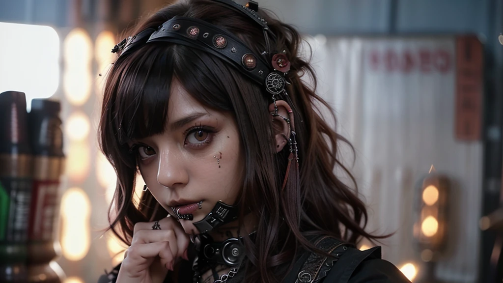 maximum quality、8K、Masterpiece artwork：16.9、gothic punk、red internal color、A brunette、hair ornaments、a beautiful girl、creative、dark fantasy style、Gothic Neogooda：16.9, a sexy girl made up sexual showing all her sexuality, steampunk style
