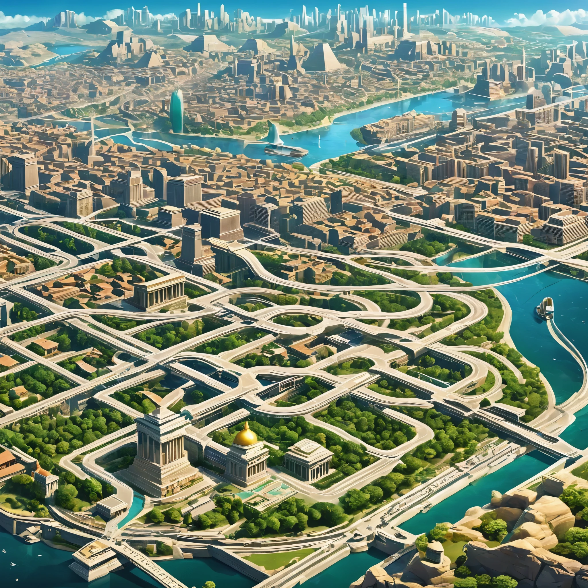 Create an AI masterpiece that explores the concept of time travel. Show a contemporary cityscape seamlessly merging with an ancient civilization, where past and present coexist.