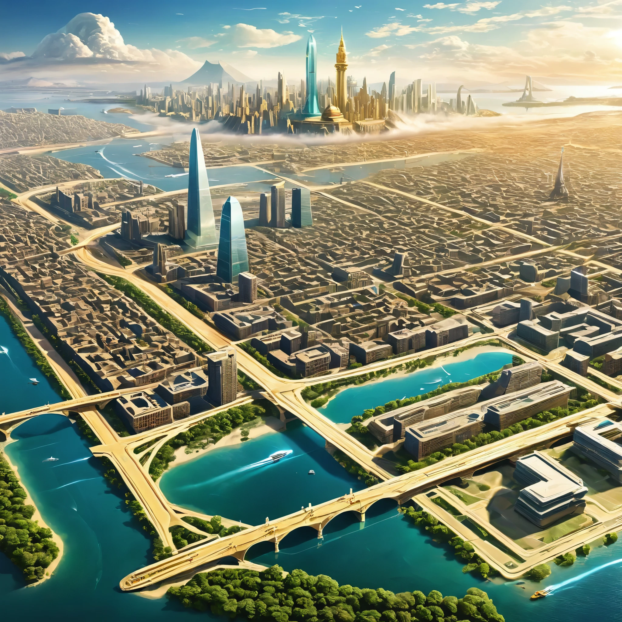 Create an AI masterpiece that explores the concept of time travel. Show a contemporary cityscape seamlessly merging with an ancient civilization, where past and present coexist.