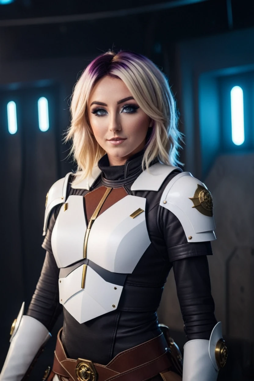cinematic photo a photograph of a blonde Jessica Nigri wearing armor at observatory. 35mm photograph, film, bokeh, professional, shot by david lachapelle, 4k, highly detailed