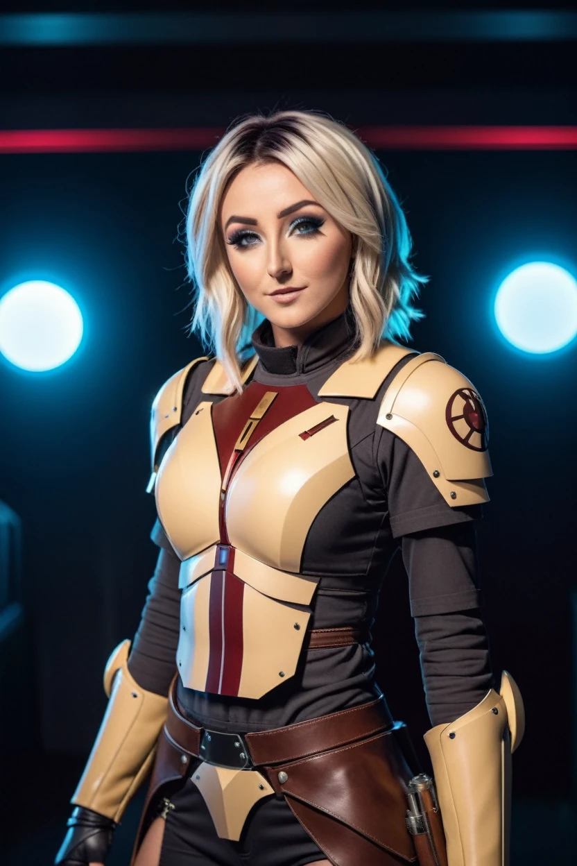 cinematic photo a photograph of a blonde Jessica Nigri wearing armor at observatory. 35mm photograph, film, bokeh, professional, shot by david lachapelle, 4k, highly detailed