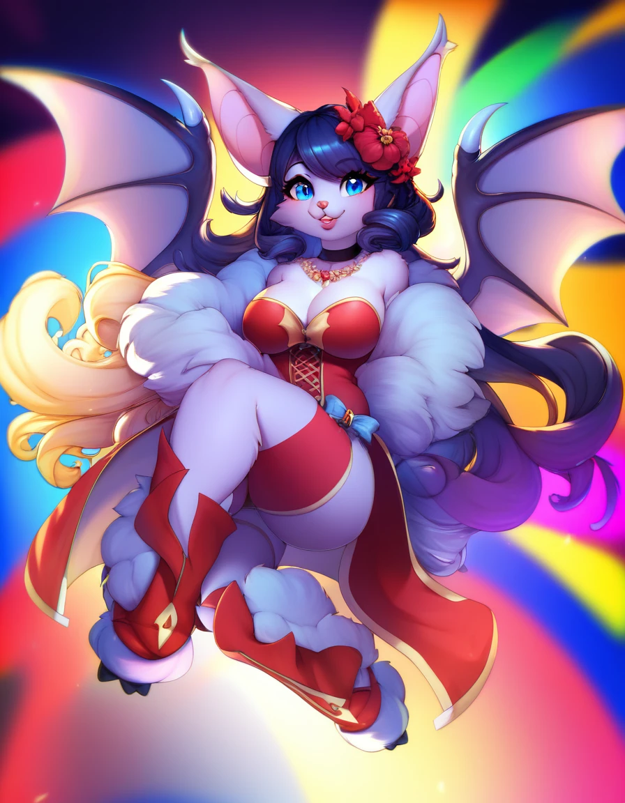 (Masterpiece: 1.2), exquisite and detailed, 4k: 1.2, 8k: 1.2, high resolution: 1.2, furry kemono commission style, a cute (bat goddess) with big ears and long white wavy hair, beautiful detailed eyes, beautiful detailed lips, blue eyes, happy expression, (dressed in blue and red casual style), bat wings on the back, (curvy figure, full body shot), 8k, hyper-detailed, intricate details, posing in the air, vibrant colors, dramatic lighting, fantasy art, digital painting
