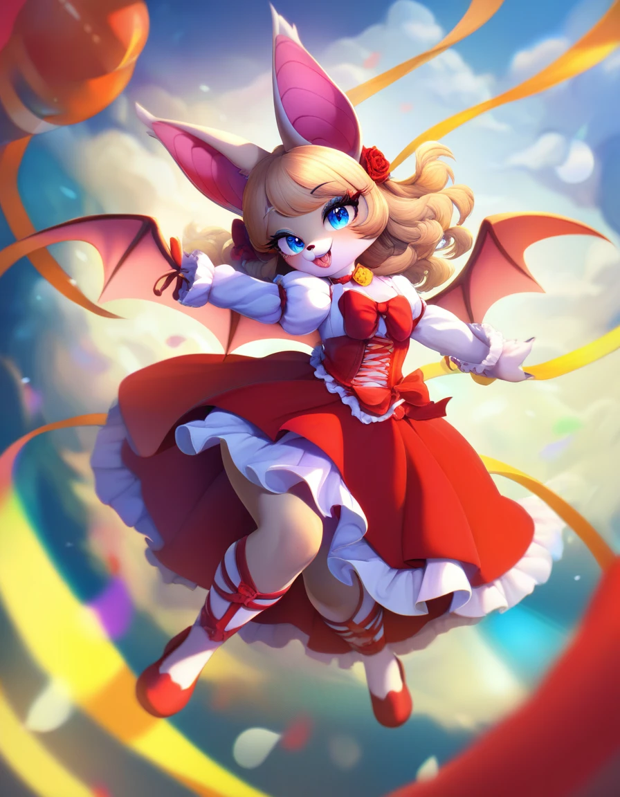 (Masterpiece: 1.2), exquisite and detailed, 4k: 1.2, 8k: 1.2, high resolution: 1.2, furry kemono commission style, a cute (bat goddess) with big ears and long white wavy hair, beautiful detailed eyes, beautiful detailed lips, blue eyes, happy expression, (dressed in blue and red casual style), bat wings on the back, (curvy figure, full body shot), 8k, hyper-detailed, intricate details, posing in the air, vibrant colors, dramatic lighting, fantasy art, digital painting