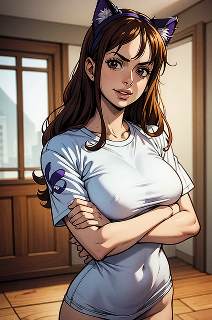 1 female, ONE PIECE STYLE, small kid dog girl, realistic lips oversized white t-shirt going all the way to the thighs, arms crossed propping up breast, hourglass figure, cat ears, in an apartment, sigh, light brown hair, purple eyes, laughing, best quality.