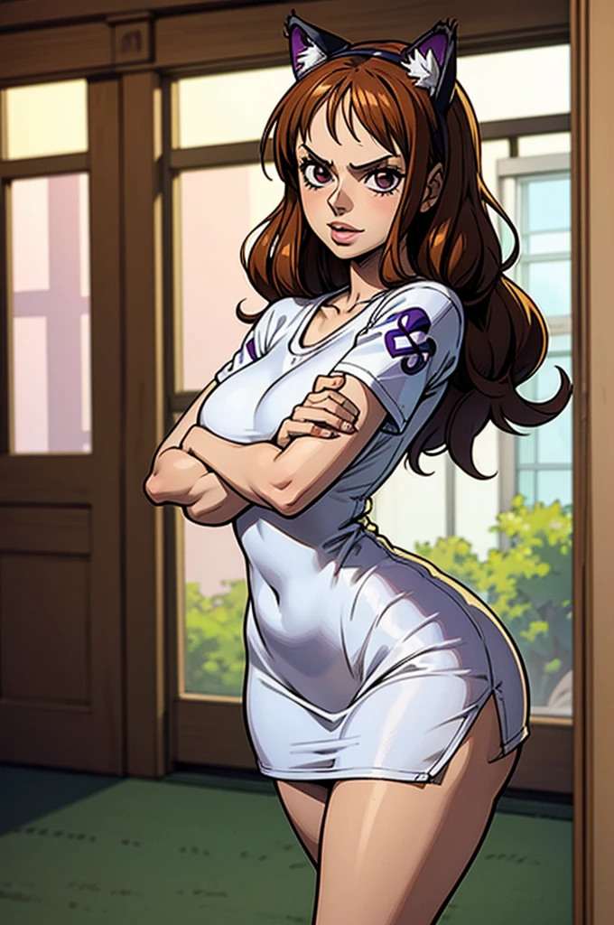 1 female, ONE PIECE STYLE,  dog girl, realistic lips oversized white t-shirt going all the way to the thighs, arms crossed propping up breast, hourglass figure, cat ears, in an apartment, sigh, light brown hair, purple eyes, laughing, best quality.