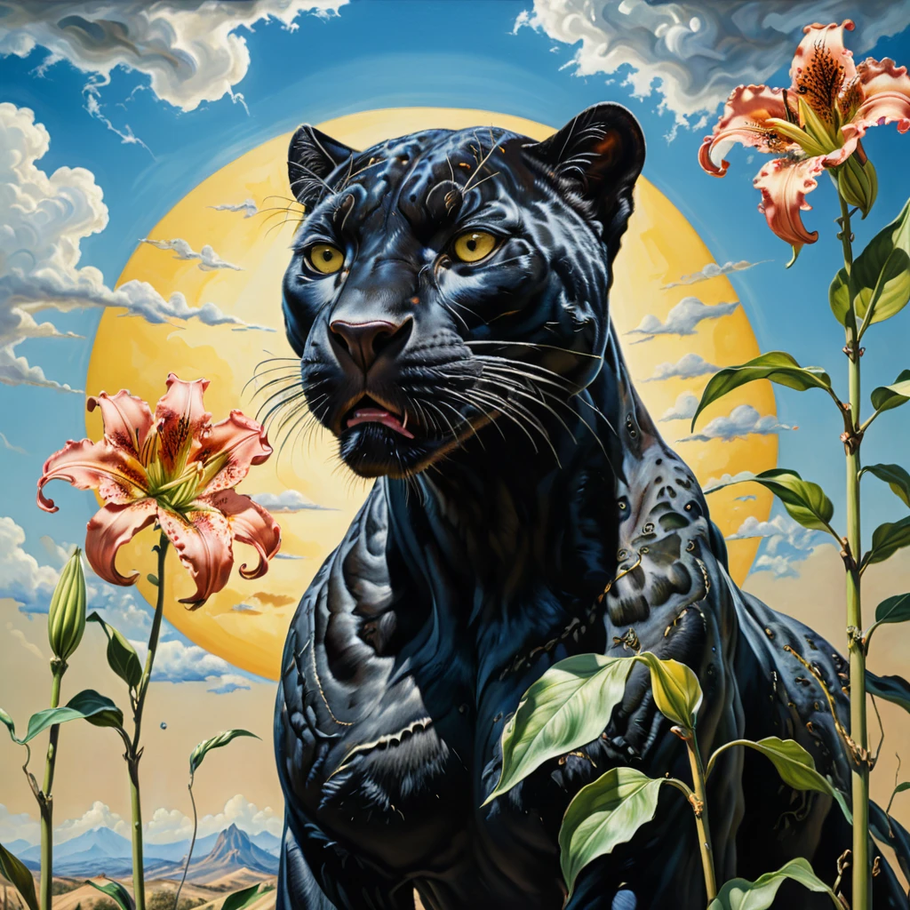 a realistic painting, a big black panther, lilium michiganense, sunny day, few clouds, (style salvador dali:1.1), (hyperrealistic:1.2), (photorealistic:1.37), (masterpiece:1.2), high quality, vibrant colors, dramatic lighting, detailed texture, intricate patterns, surreal elements, dreamlike atmosphere, striking composition, dramatic shadows, vivid details, cinematic framing, oil painting, hyper detailed, ultra realistic