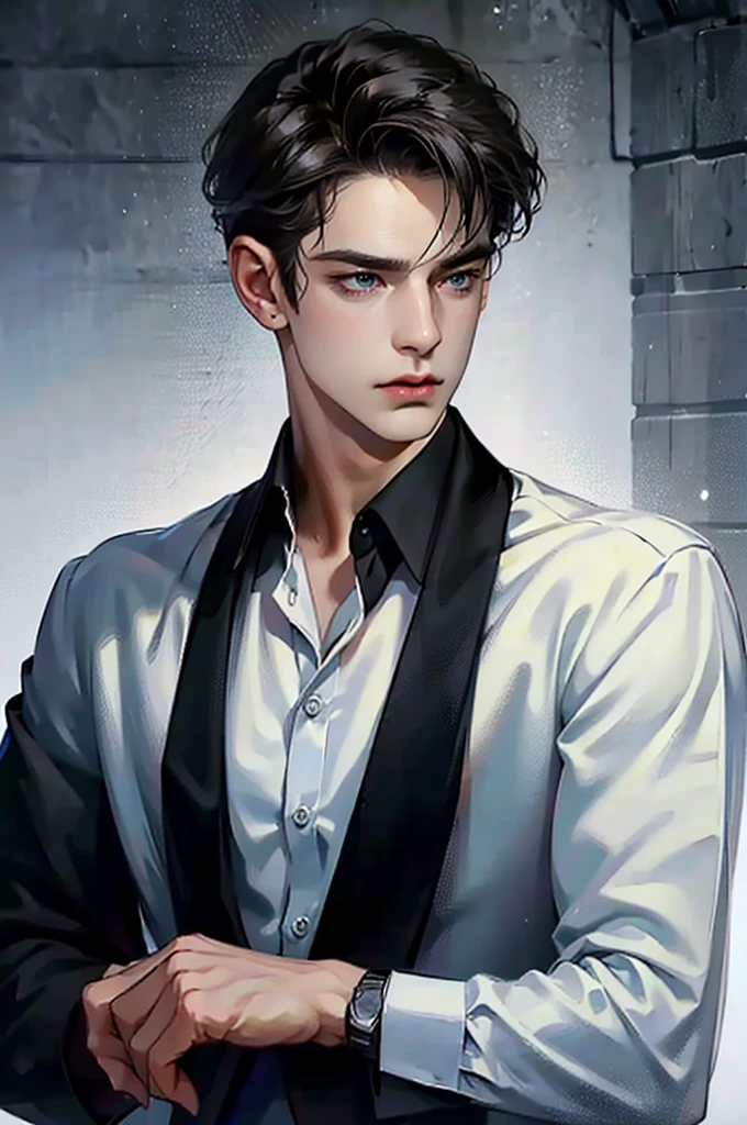 a dark-haired young man with long raven hair, piercing blue eyes, wearing a dark outfit, shirt, detailed portrait, cinematic lighting, dramatic mood, high quality, photorealistic, 8k, detailed skin texture, chiaroscuro, moody, atmospheric, dramatic lighting, intense gaze, brooding expression, elegant, intense, handsome, mysterious, ambient occlusion, depth of field, vibrant colors, hyperrealistic