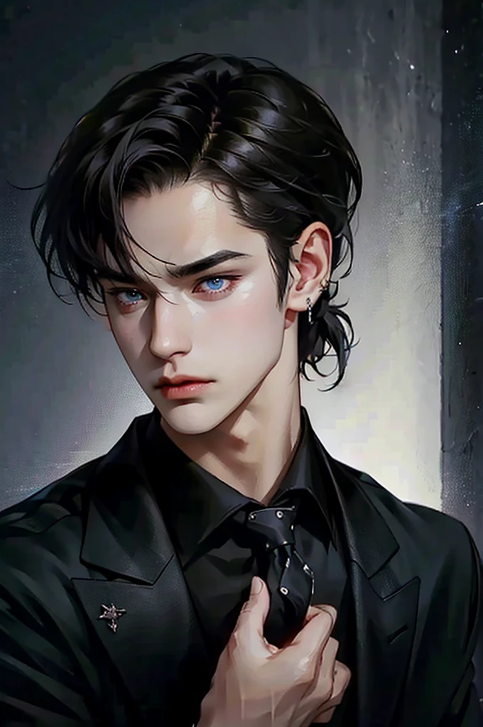 a dark-haired young man with long raven hair, piercing blue eyes, wearing a dark outfit, shirt, detailed portrait, cinematic lighting, dramatic mood, high quality, photorealistic, 8k, detailed skin texture, chiaroscuro, moody, atmospheric, dramatic lighting, intense gaze, brooding expression, elegant, intense, handsome, mysterious, ambient occlusion, depth of field, vibrant colors, hyperrealistic